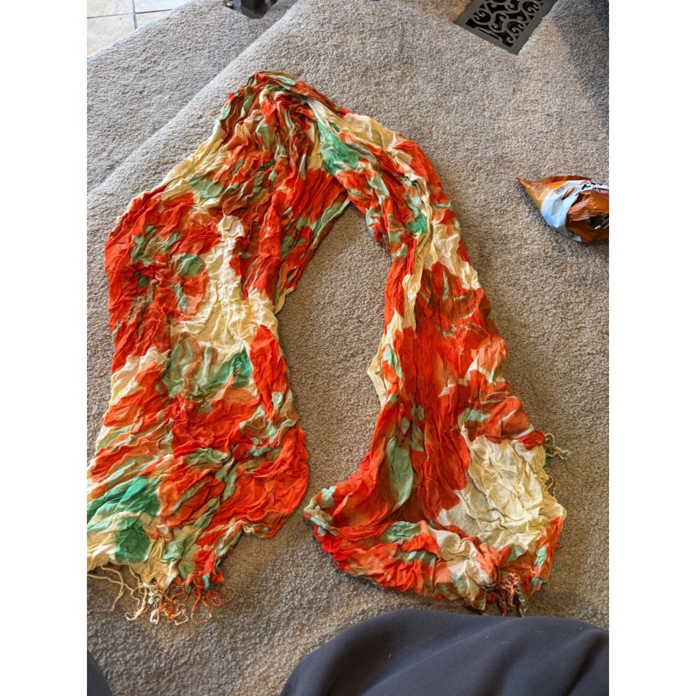 Bloomingdales Exclusive Crinkle Gauze Scarf Orange Green Abstract Floral Fringed